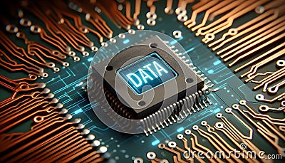 A circuit board with a chip labeled "DATA" highlighting data processing in technology Stock Photo